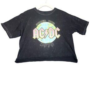 ACDC Womens T-Shirt Large Acid Wash Crop Summer Tour 1979 Retro 70's‎ Black
